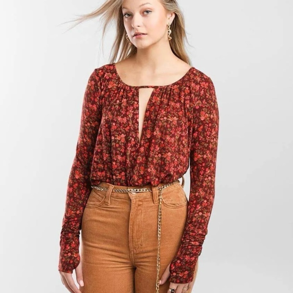 Free People Intimates Kaya Printed Keyhole Floral Bodysuit Tops
